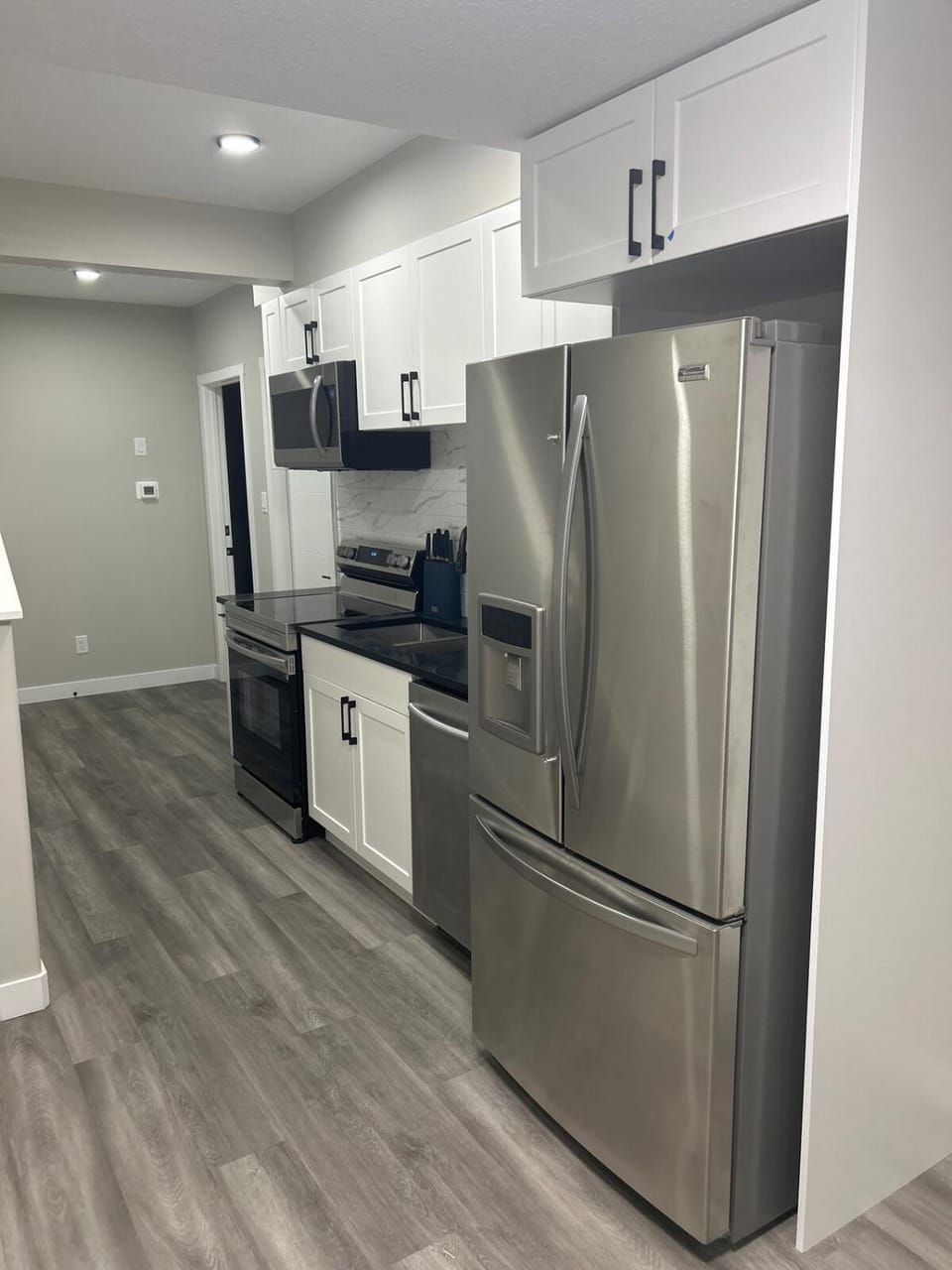 Kitchen or kitchenette, microwave, oven