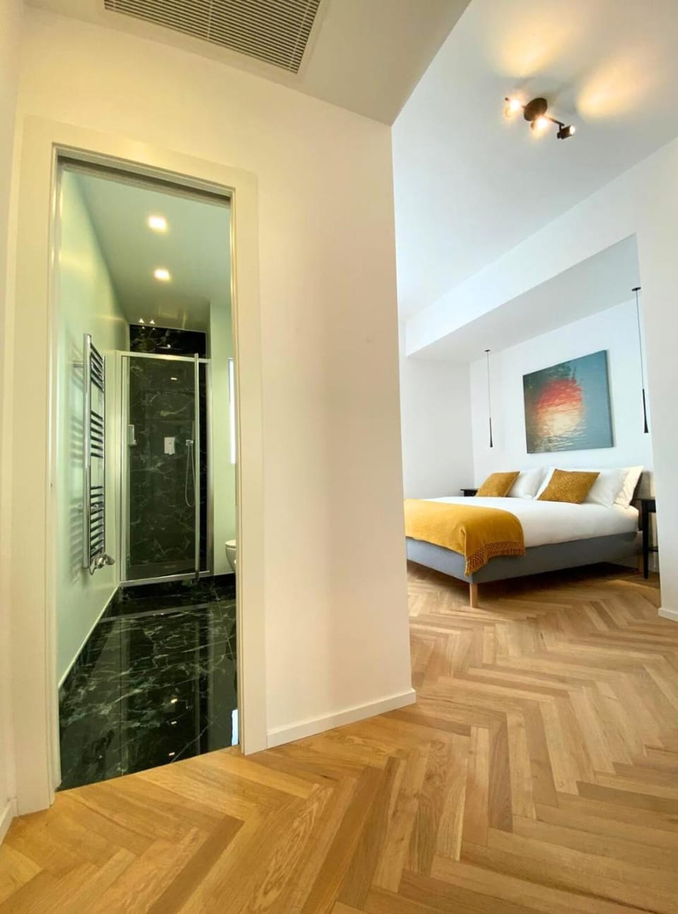 Shower, Bed, Bathroom, Photo of the whole room, Bedroom, heating, locker, air conditioner