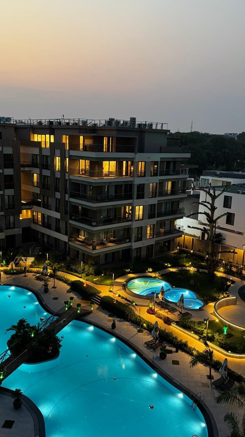 Property building, Night, Pool view, Swimming pool