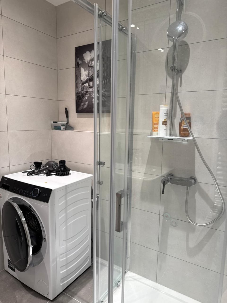 Shower, Bathroom, hair dryier, washing machine