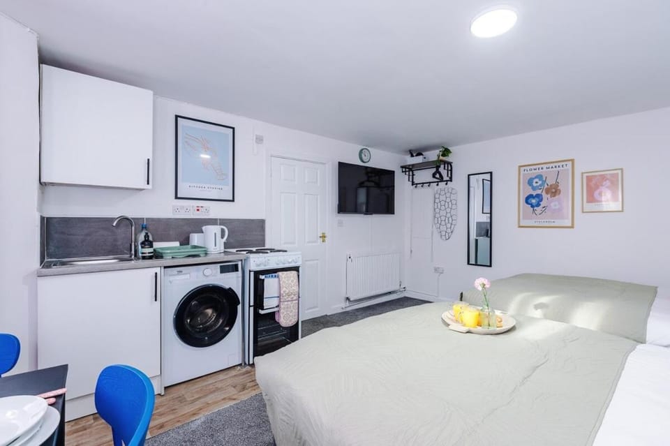 Bed, TV and multimedia, Kitchen or kitchenette, Photo of the whole room, Dining area, Bedroom, oven, stove, towels, washing machine, dryer