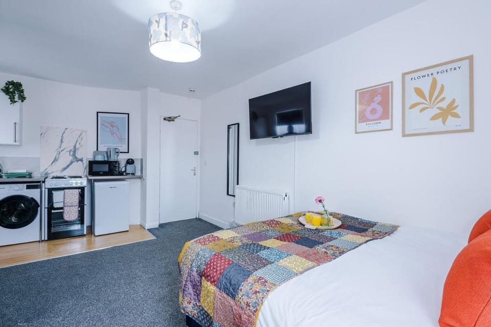 Bed, TV and multimedia, Kitchen or kitchenette, Photo of the whole room, Bedroom, towels, washing machine, dryer