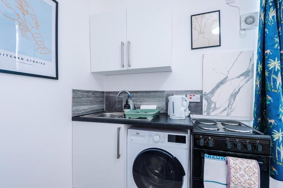 Kitchen or kitchenette, oven, stove, washing machine, dryer