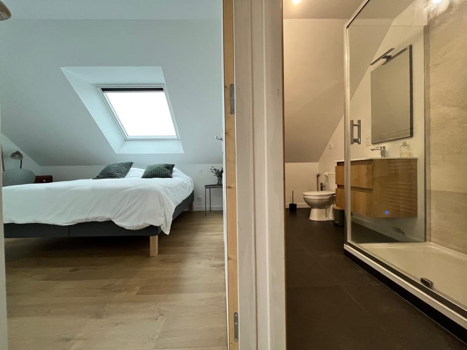 Shower, Bed, Bathroom, Photo of the whole room, Bedroom, towels
