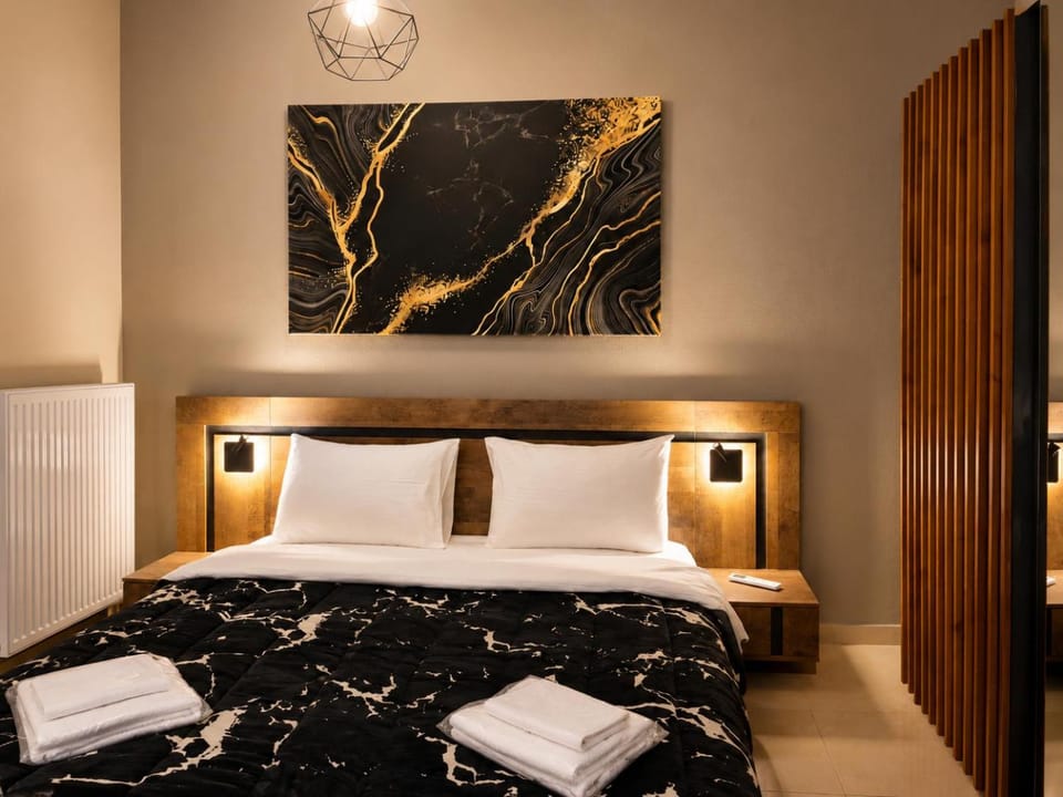 Bed, Photo of the whole room, Bedroom, towels, air conditioner