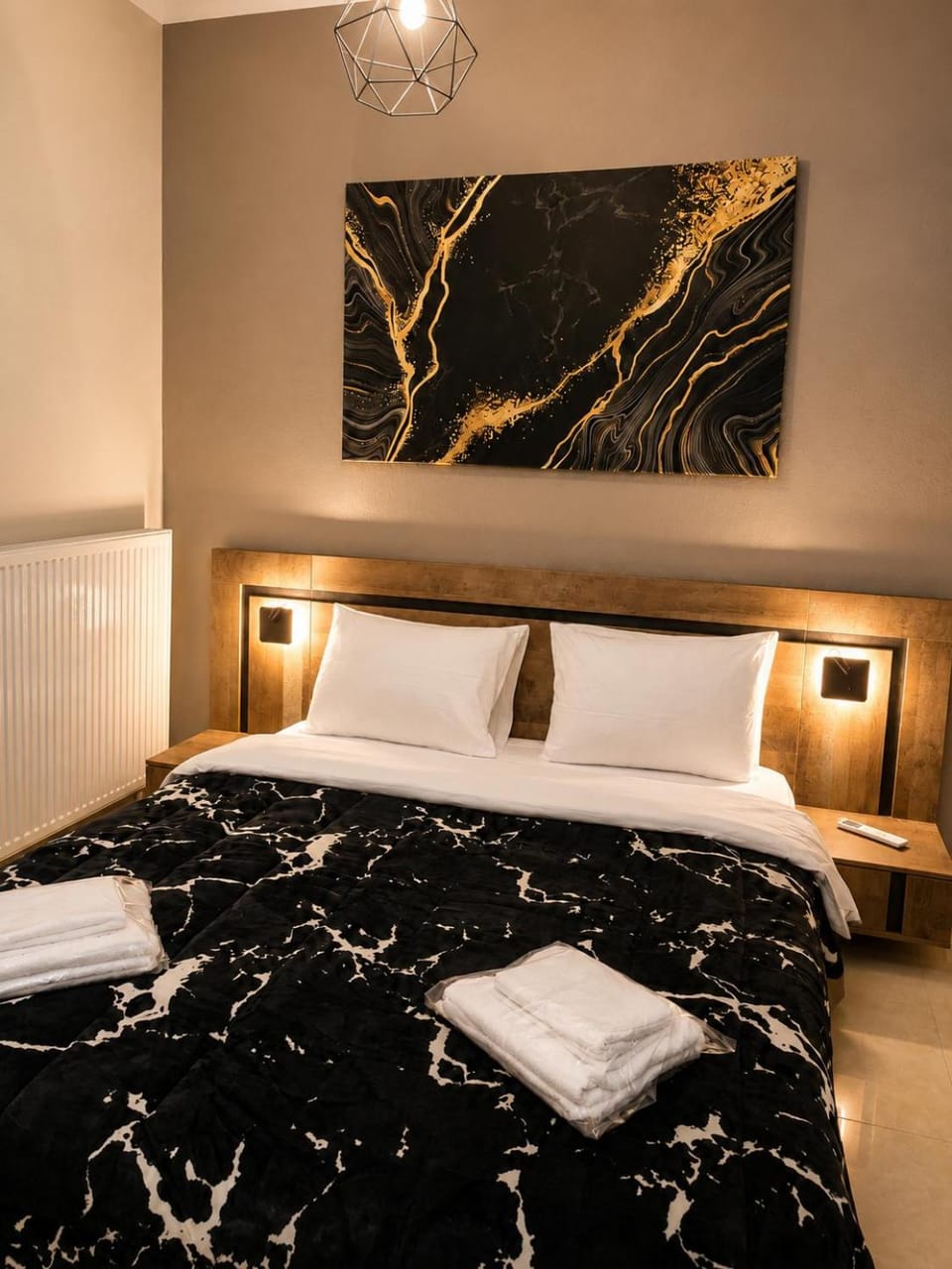 Bed, Photo of the whole room, Bedroom, towels, air conditioner