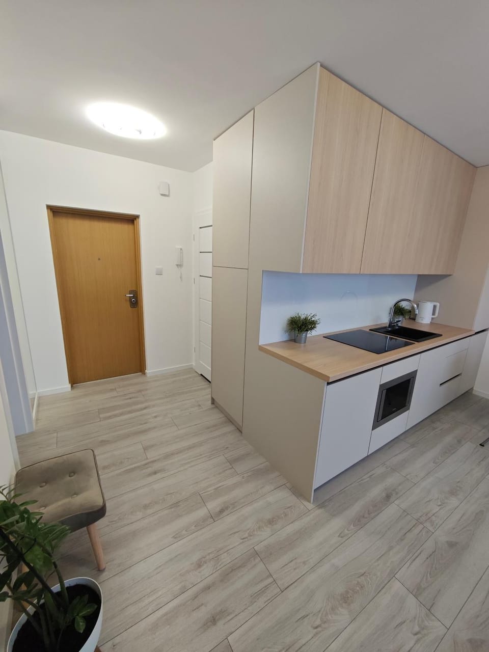 Kitchen or kitchenette, storage, stove