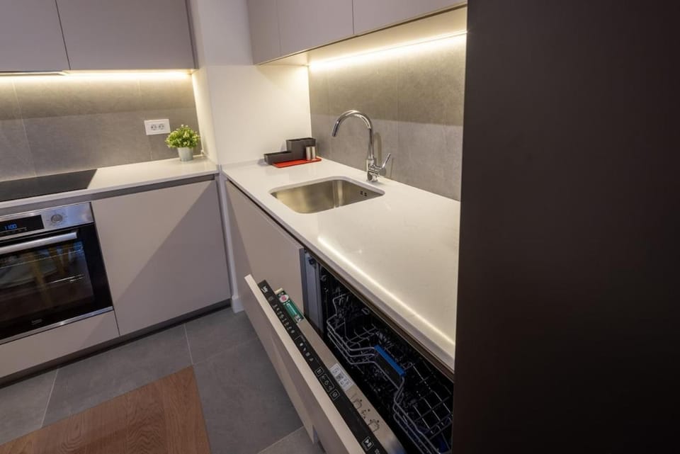 Kitchen or kitchenette, dishwasher, oven, stove