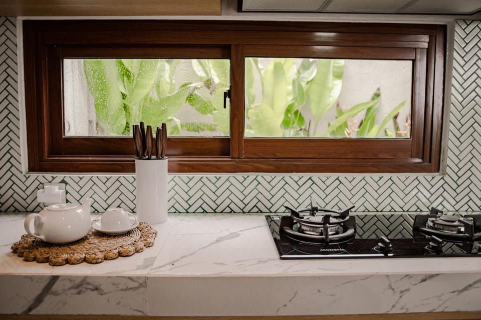 Kitchen or kitchenette, stove