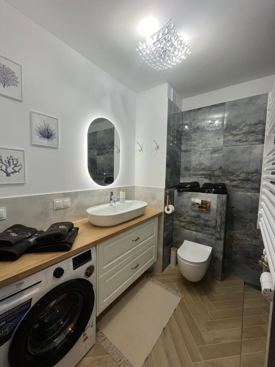 Bathroom, towels, washing machine