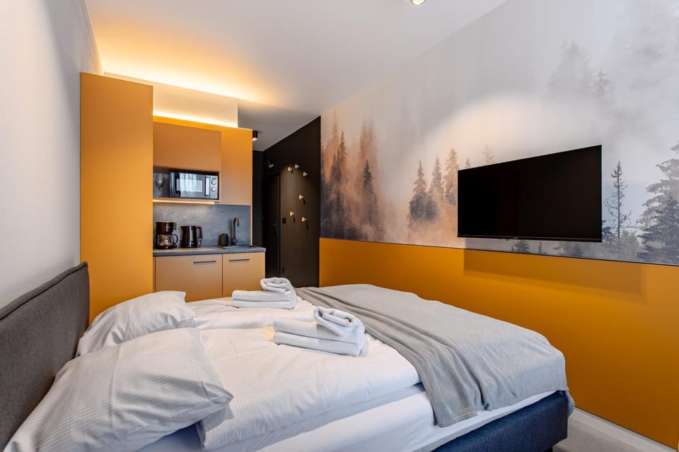 Bed, TV and multimedia, Kitchen or kitchenette, Photo of the whole room, Bedroom, towels
