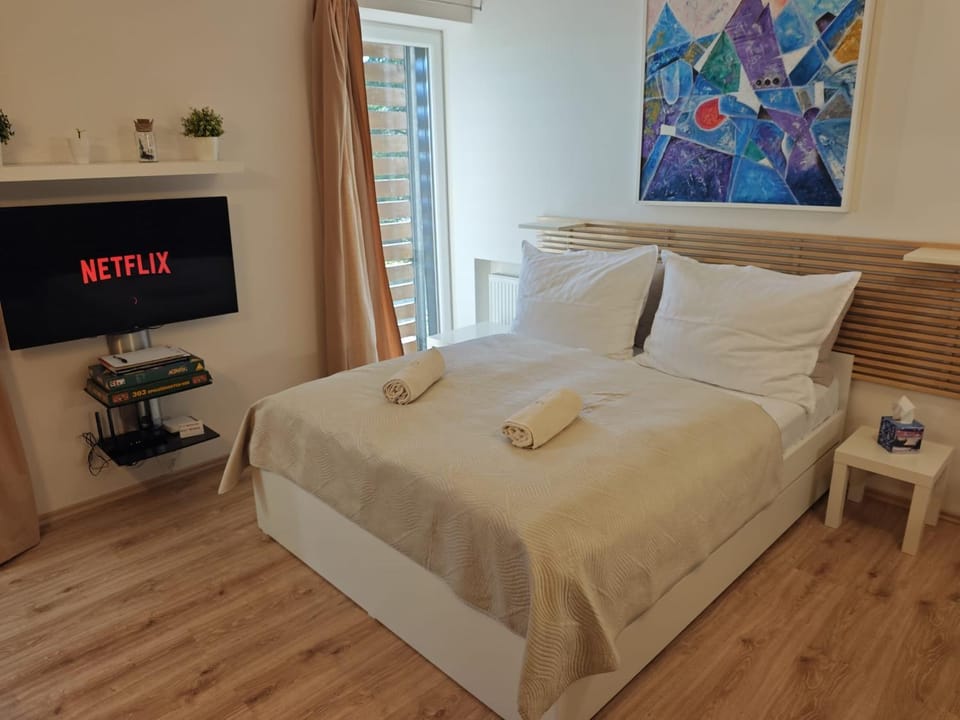 Bed, TV and multimedia, towels