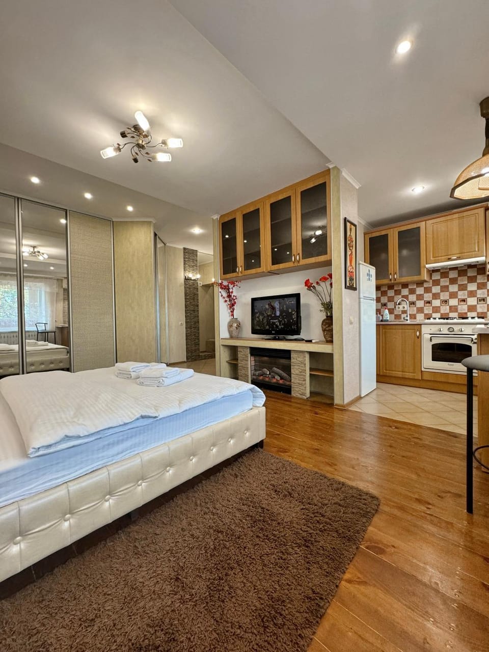 Bed, TV and multimedia, Kitchen or kitchenette, Photo of the whole room, Bedroom, oven, stove