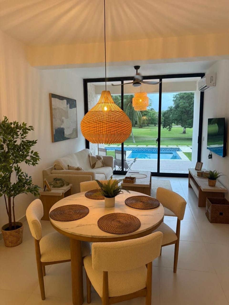 Living room, Seating area, Dining area, Pool view, Swimming pool