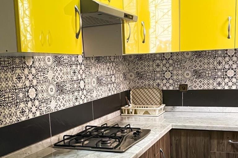 Kitchen or kitchenette, stove