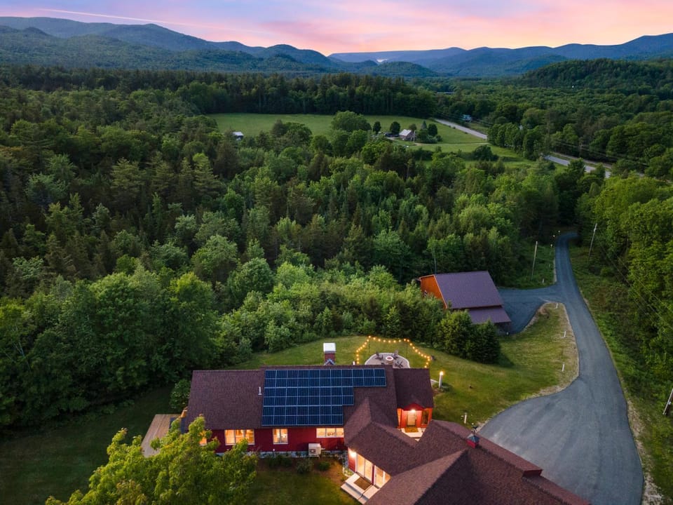 Property building, Natural landscape, Bird's eye view, Mountain view, Sunset