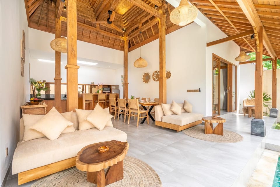 Living room, Seating area, Pool view