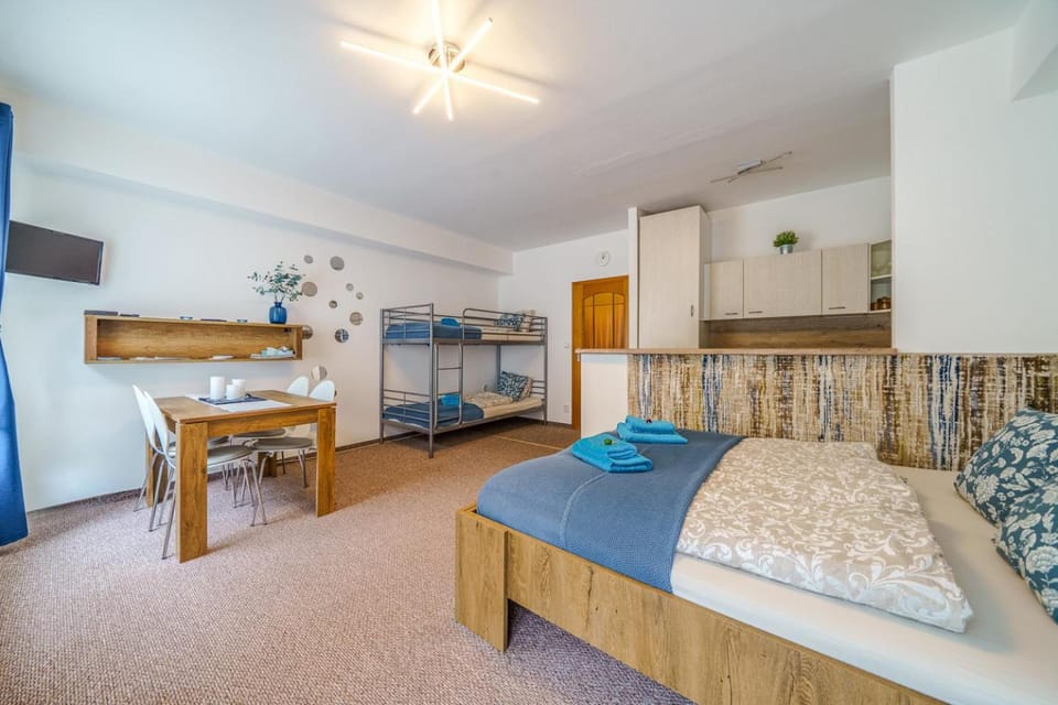 Bed, TV and multimedia, Kitchen or kitchenette, Photo of the whole room, Dining area, Bedroom