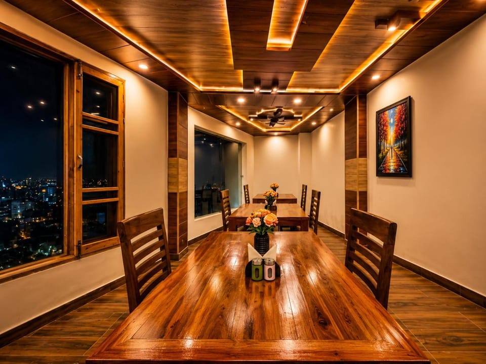 Night, Living room, Seating area, Dining area