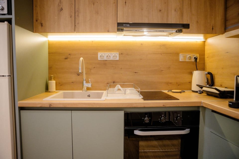 Kitchen or kitchenette, stove