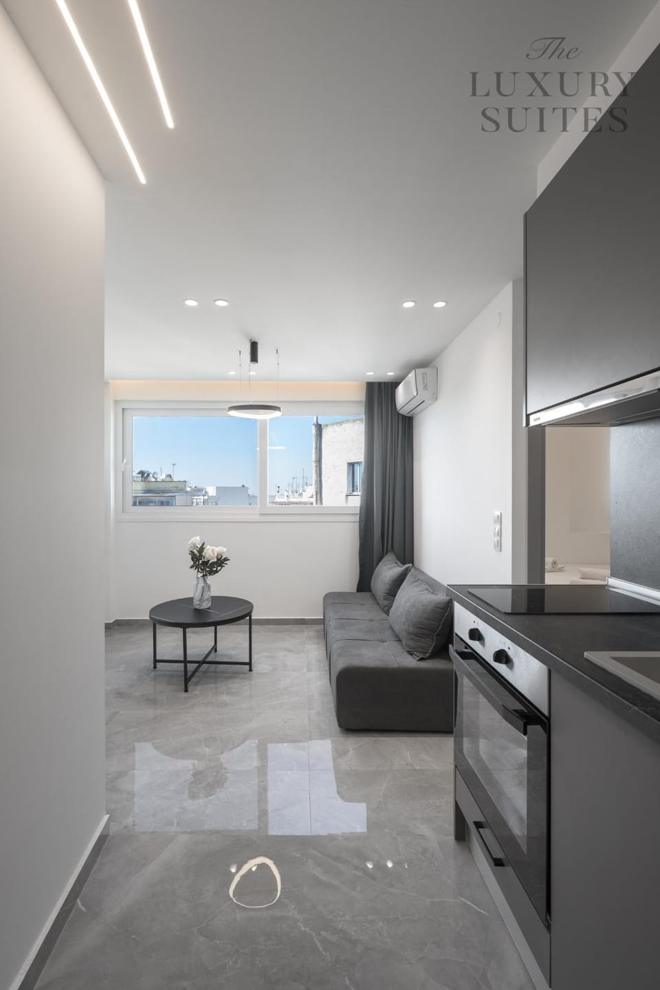 Kitchen or kitchenette, Living room, Seating area, oven, stove