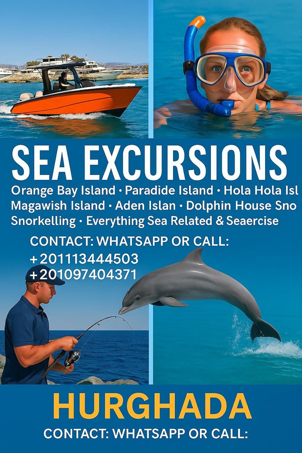 Tai Speedboat orange bay Island- Paradis Island- Dolphin - hula hula Island - Magawish island-etc Docked boat in Hurghada