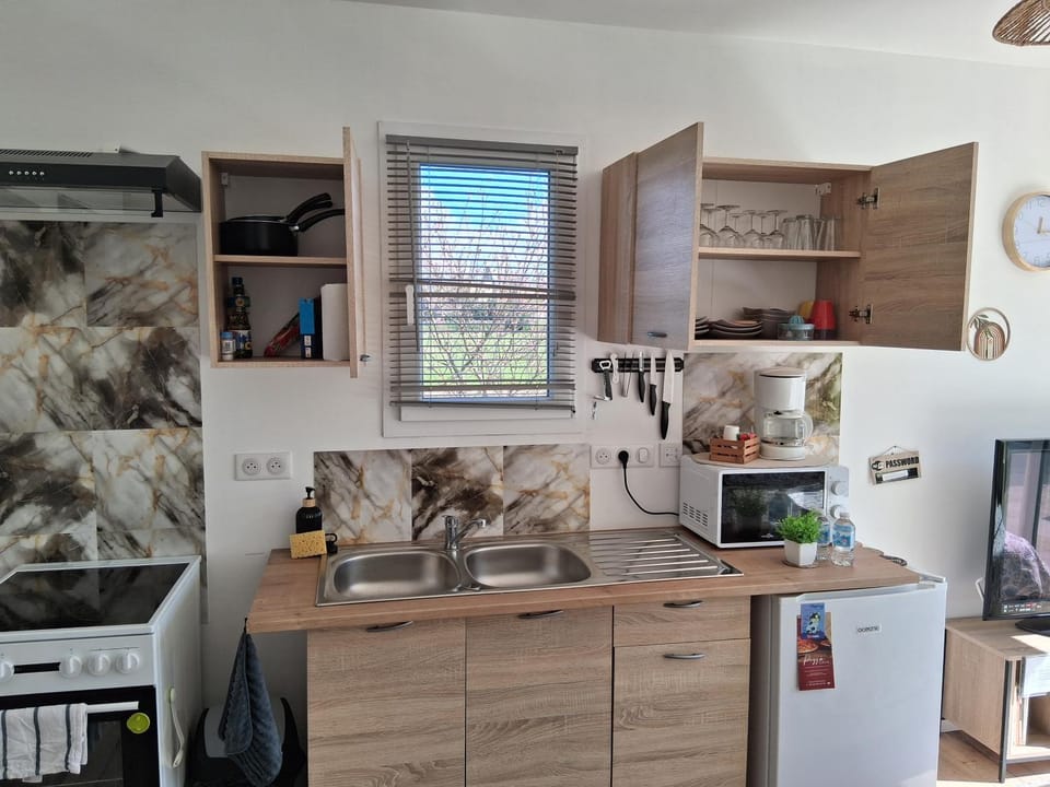 Coffee/tea facilities, Kitchen or kitchenette, oven, stove