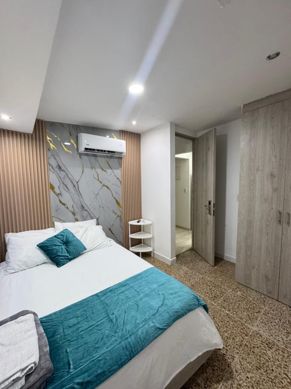 Bed, Photo of the whole room, Bedroom, towels, wardrobe, air conditioner