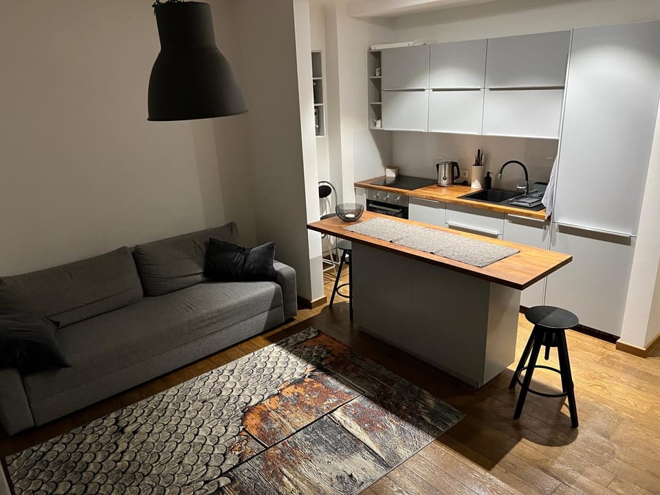 Kitchen or kitchenette, Living room, Seating area, Dining area