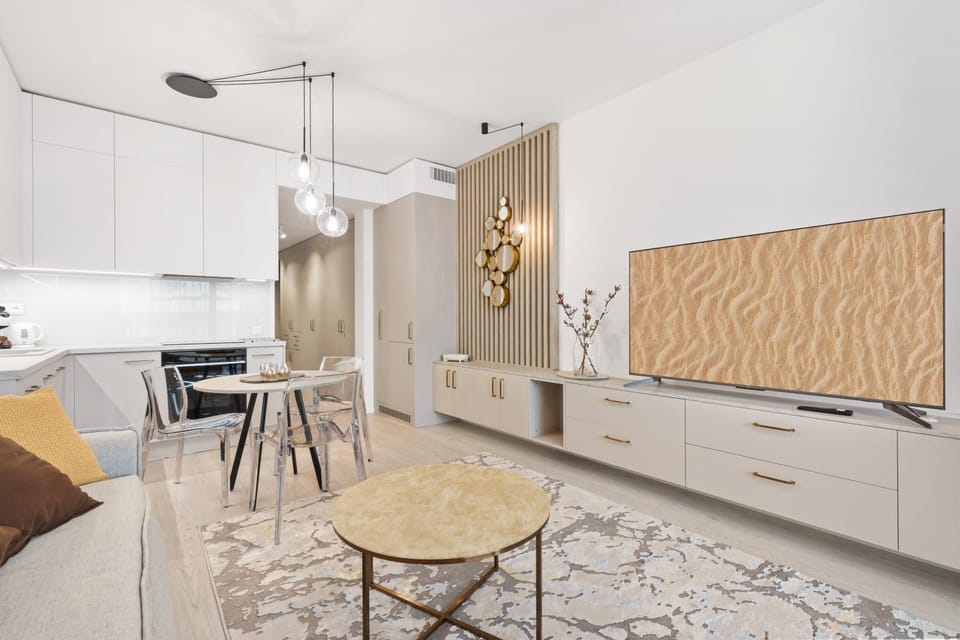 Kitchen or kitchenette, Living room, Seating area, Dining area