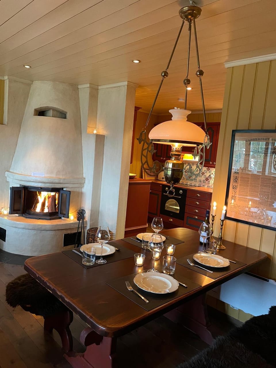 Dining area, fireplace, kitchen