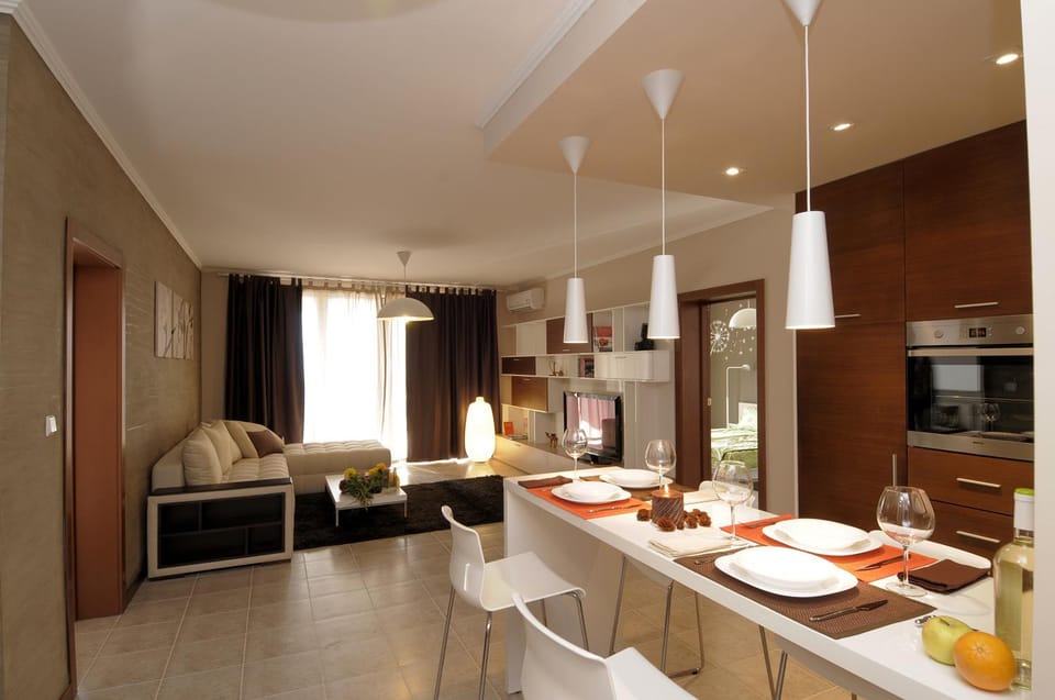 TV and multimedia, Kitchen or kitchenette, Living room, Photo of the whole room, Seating area, Dining area
