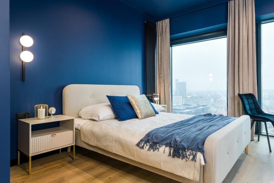 Bed, Decorative detail, Bedroom, City view