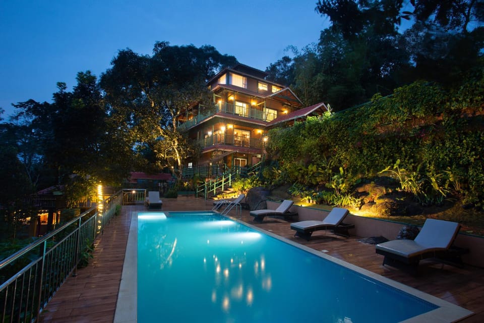 Property building, Night, Swimming pool