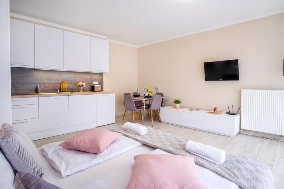 Bed, TV and multimedia, Kitchen or kitchenette, Living room, Photo of the whole room