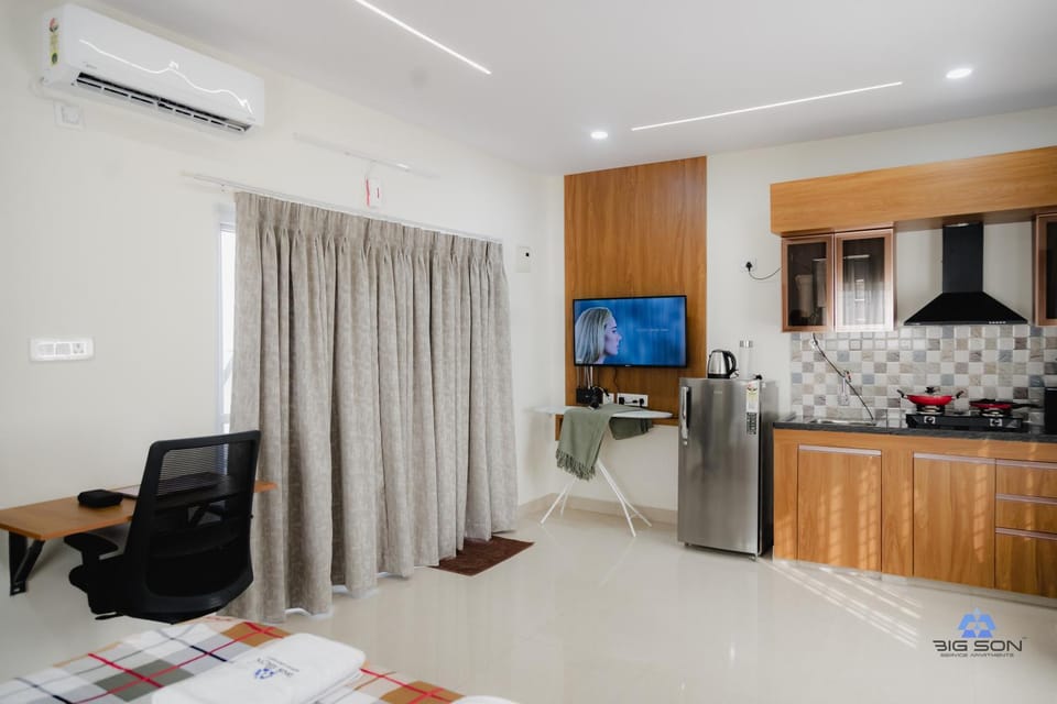 Bed, TV and multimedia, Kitchen or kitchenette, Photo of the whole room, Bedroom, minibar, oven, pet friendly, stove, air conditioner