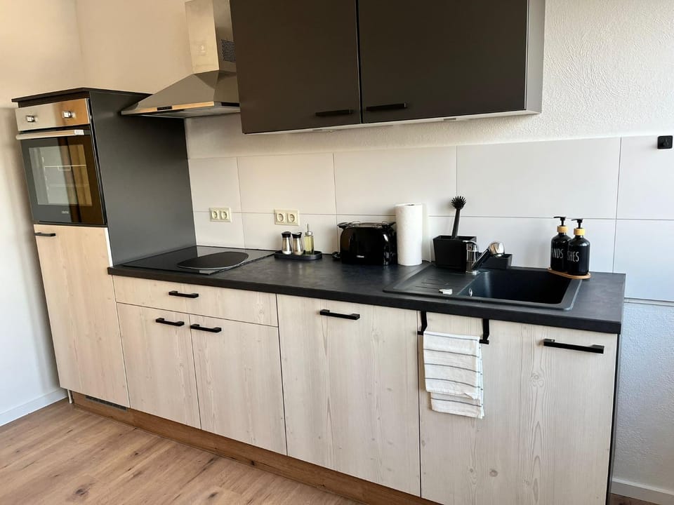 Kitchen or kitchenette, dishwasher, stove