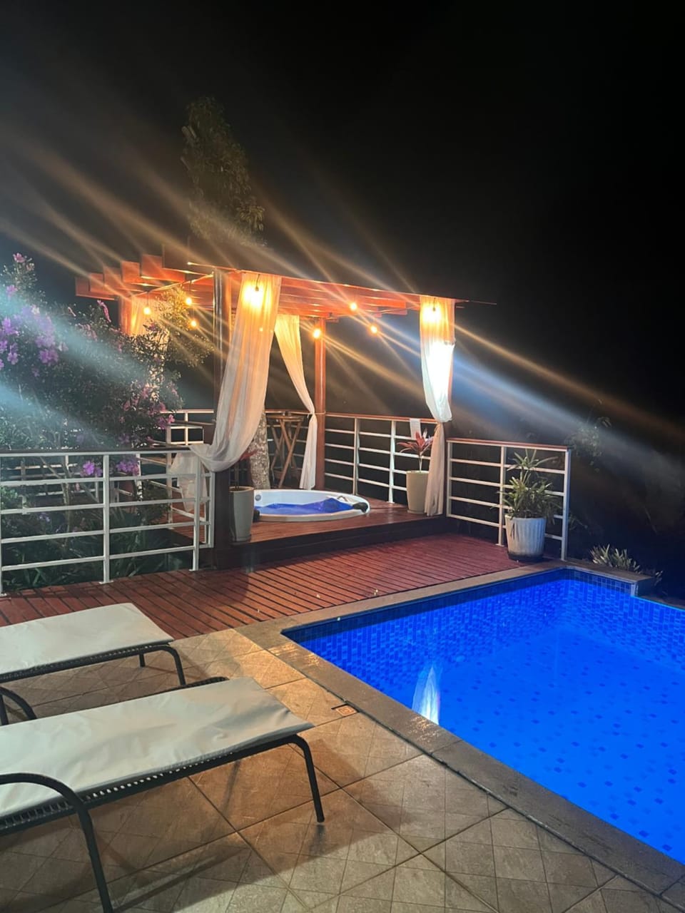 Night, Pool view, Swimming pool, sunbed