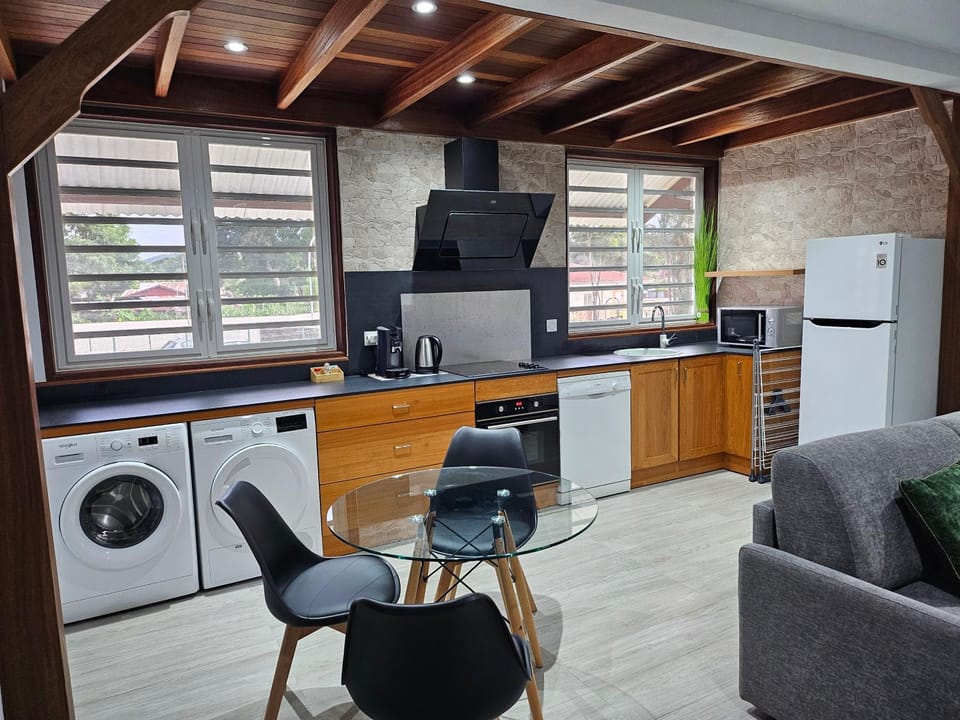 Kitchen or kitchenette, Dining area, oven, stove, toaster, washing machine, dryer