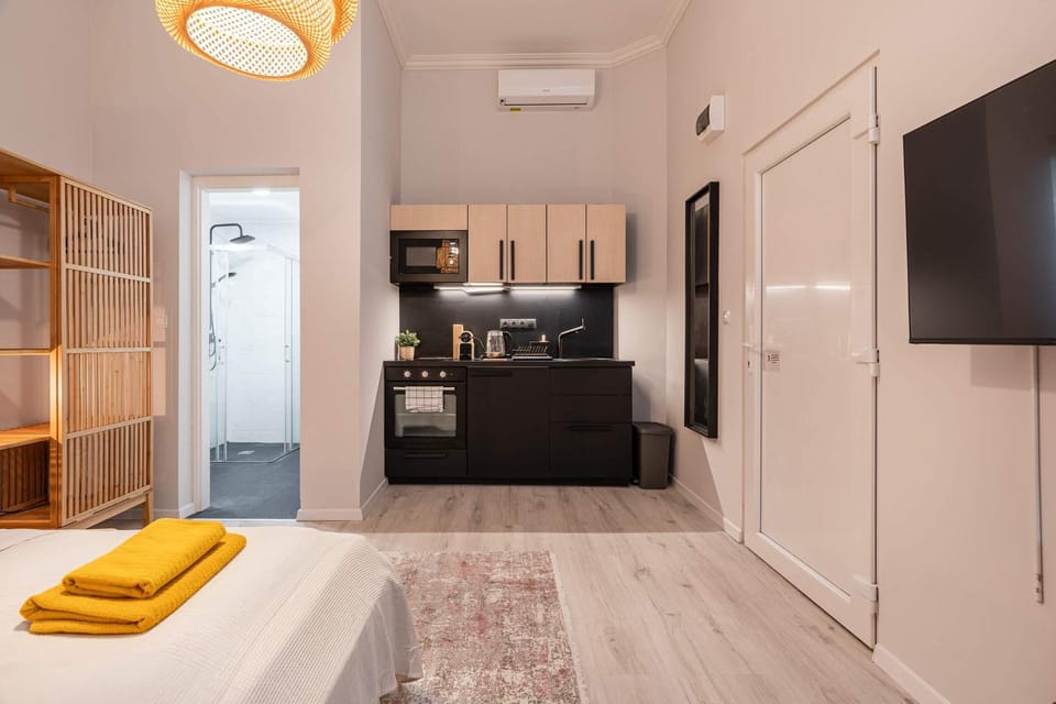 Kitchen or kitchenette, oven, stove, air conditioner