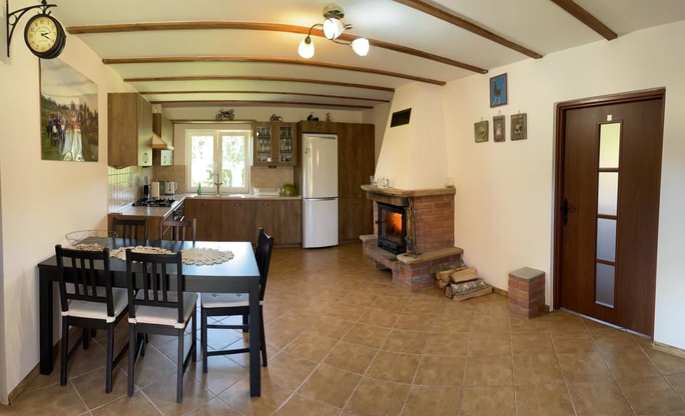 Kitchen or kitchenette, Dining area, fireplace, oven