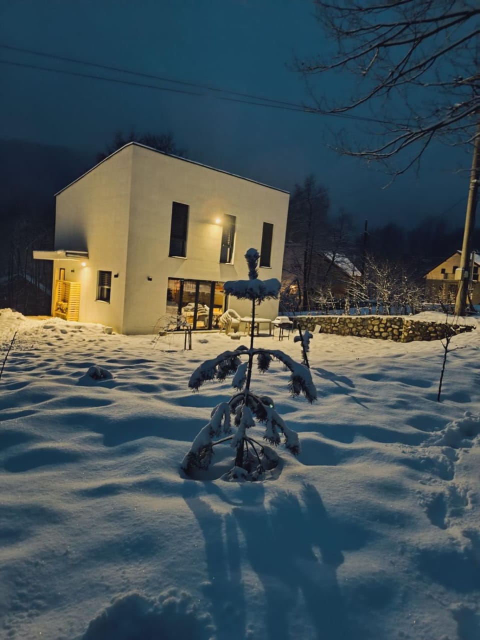 Property building, Night, Winter, Garden