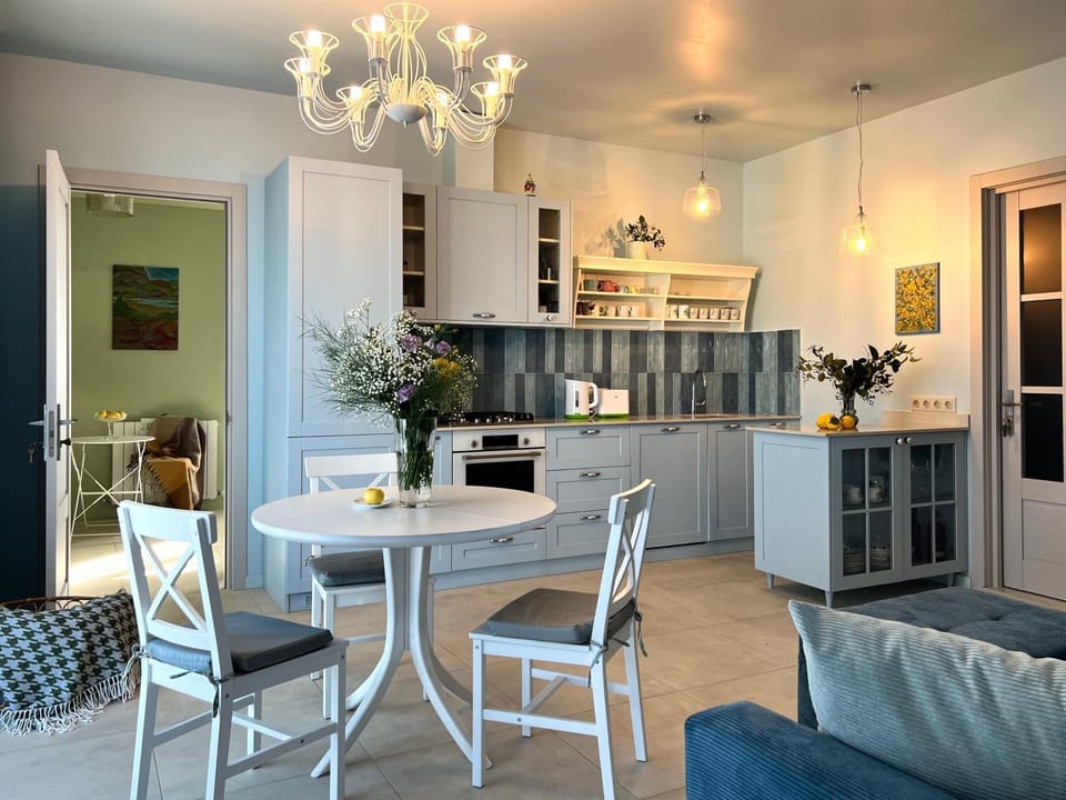 Kitchen or kitchenette, Living room, Seating area, Dining area, stove