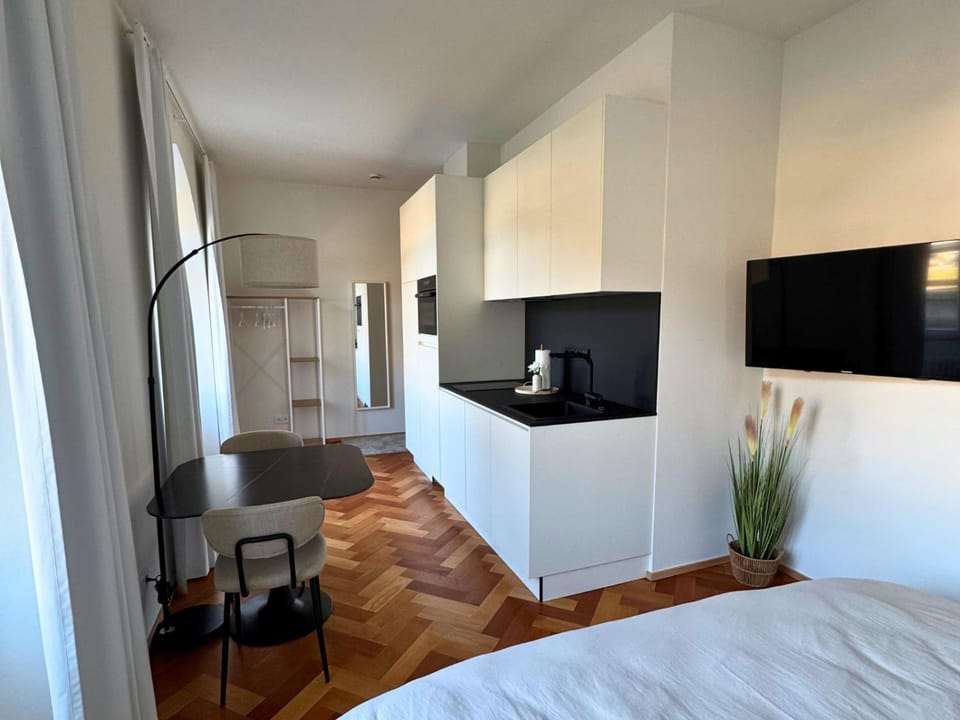Bed, TV and multimedia, Kitchen or kitchenette, Photo of the whole room, Bedroom, oven