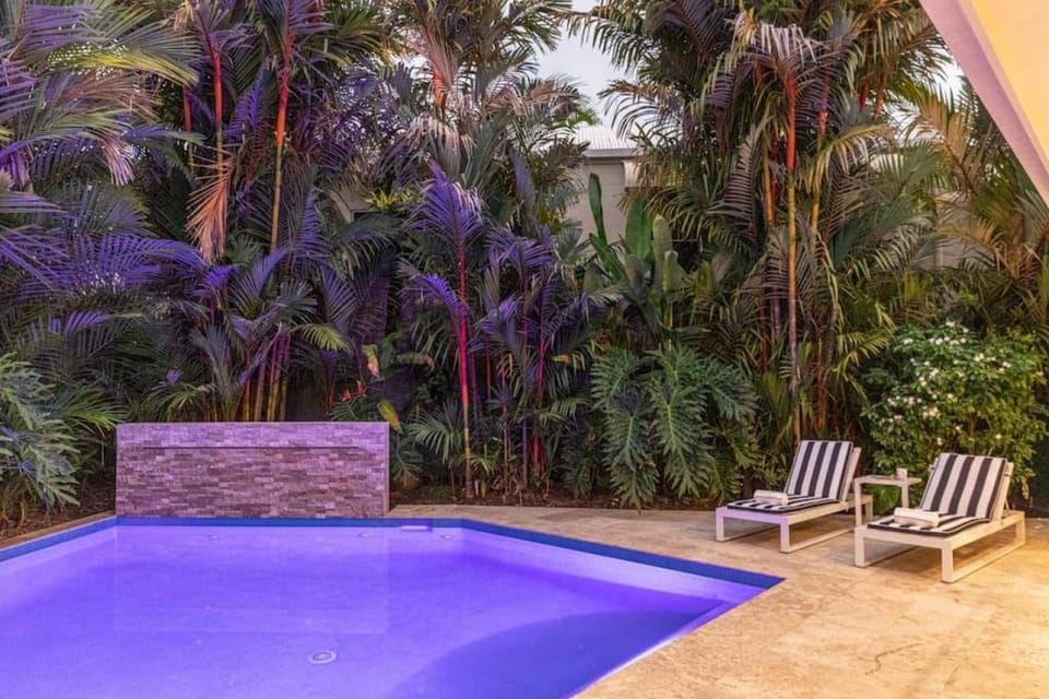 Night, Garden, Pool view, Swimming pool, sunbed