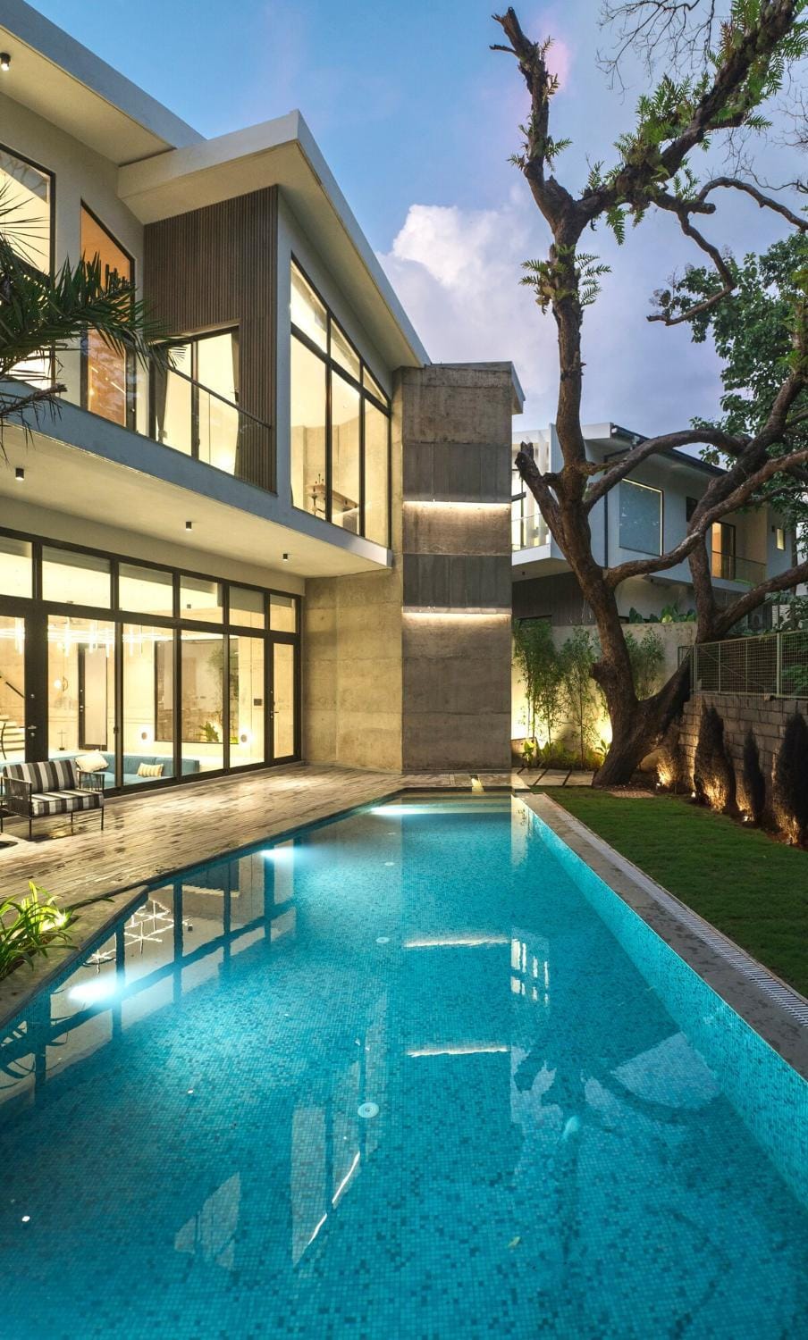 Property building, Patio, Seating area, Swimming pool