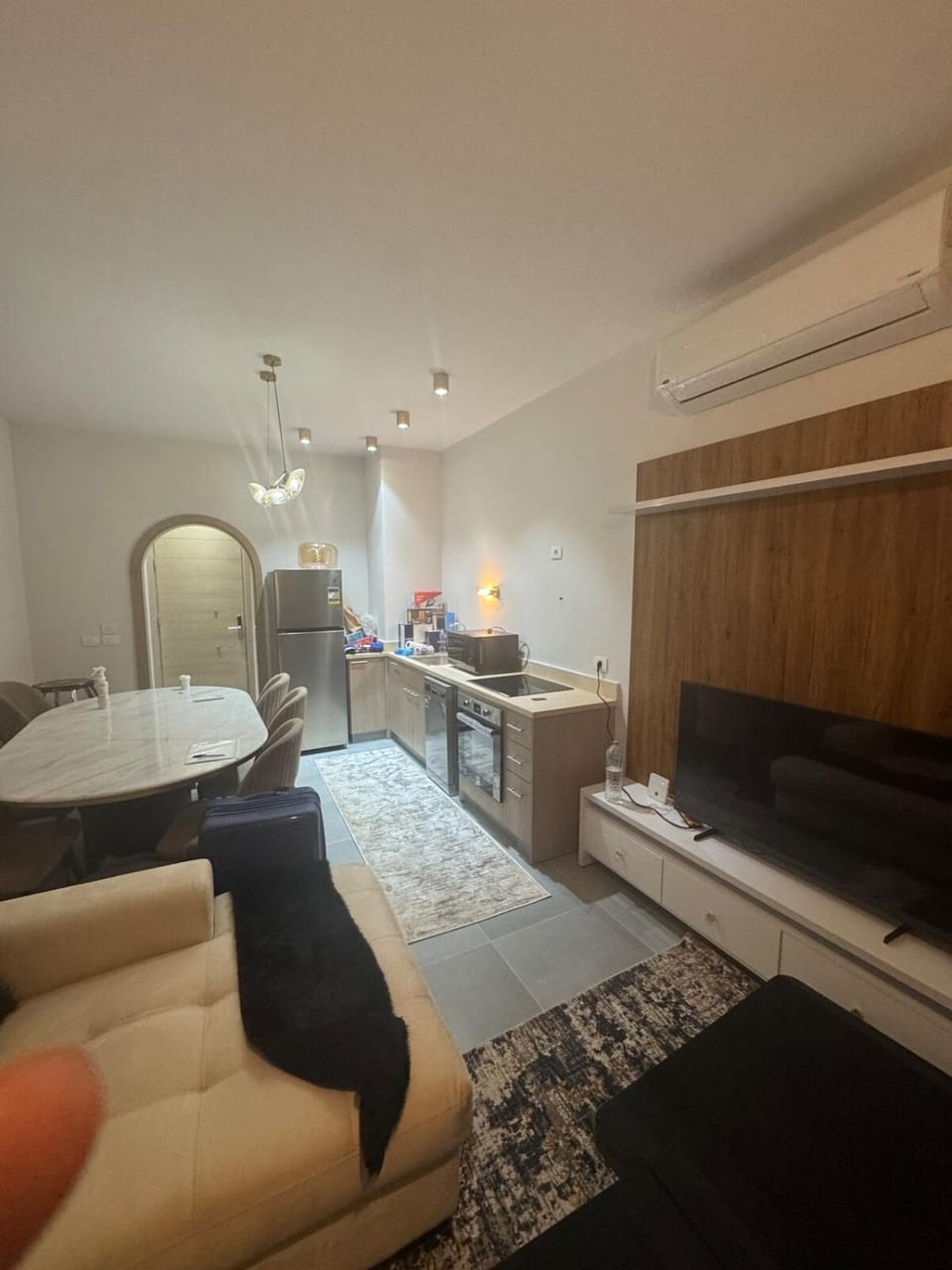 TV and multimedia, Kitchen or kitchenette, Living room, Photo of the whole room, Seating area, Dining area