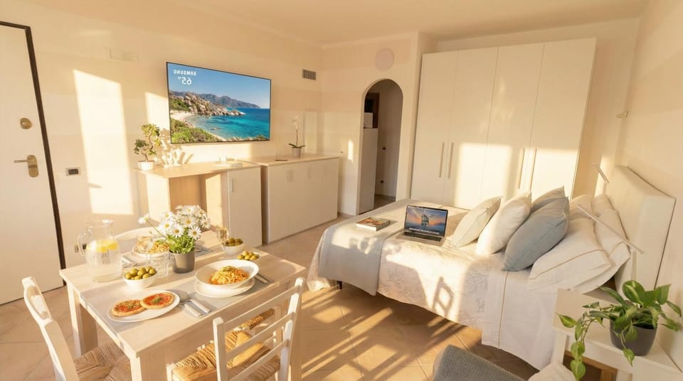 Bed, Natural landscape, TV and multimedia, Kitchen or kitchenette, Living room, Food and drinks, Photo of the whole room, Seating area, Dining area, Bedroom, Food