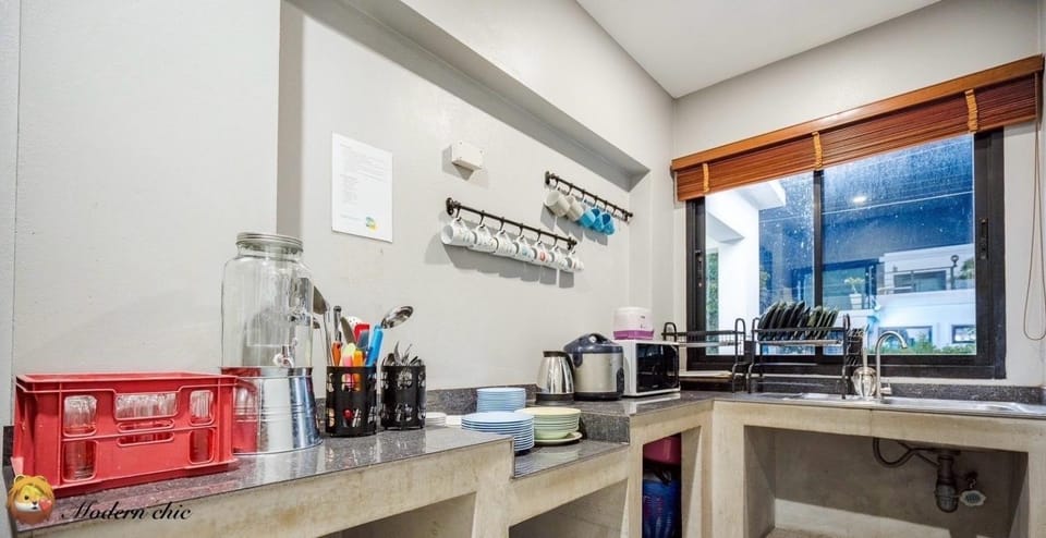 Kitchen or kitchenette, stove
