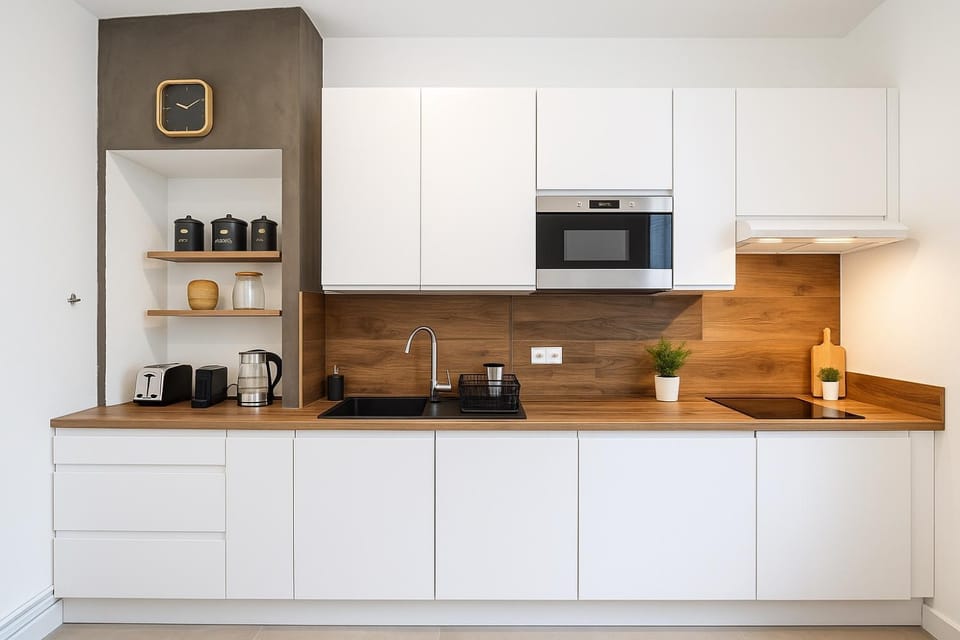 Kitchen or kitchenette, stove